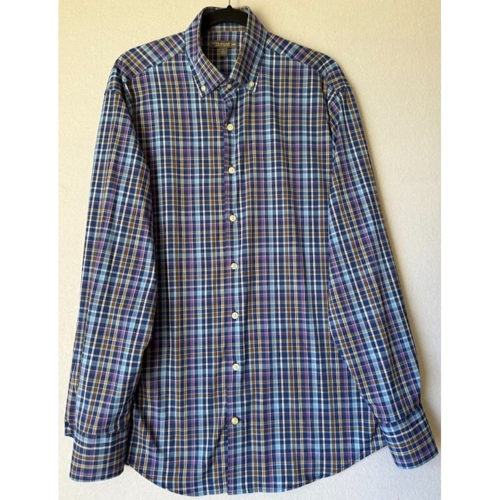 Peter Millar Shirt Men Large Multicolor‎ Plaid Button Down Long Sleeve Stretch
